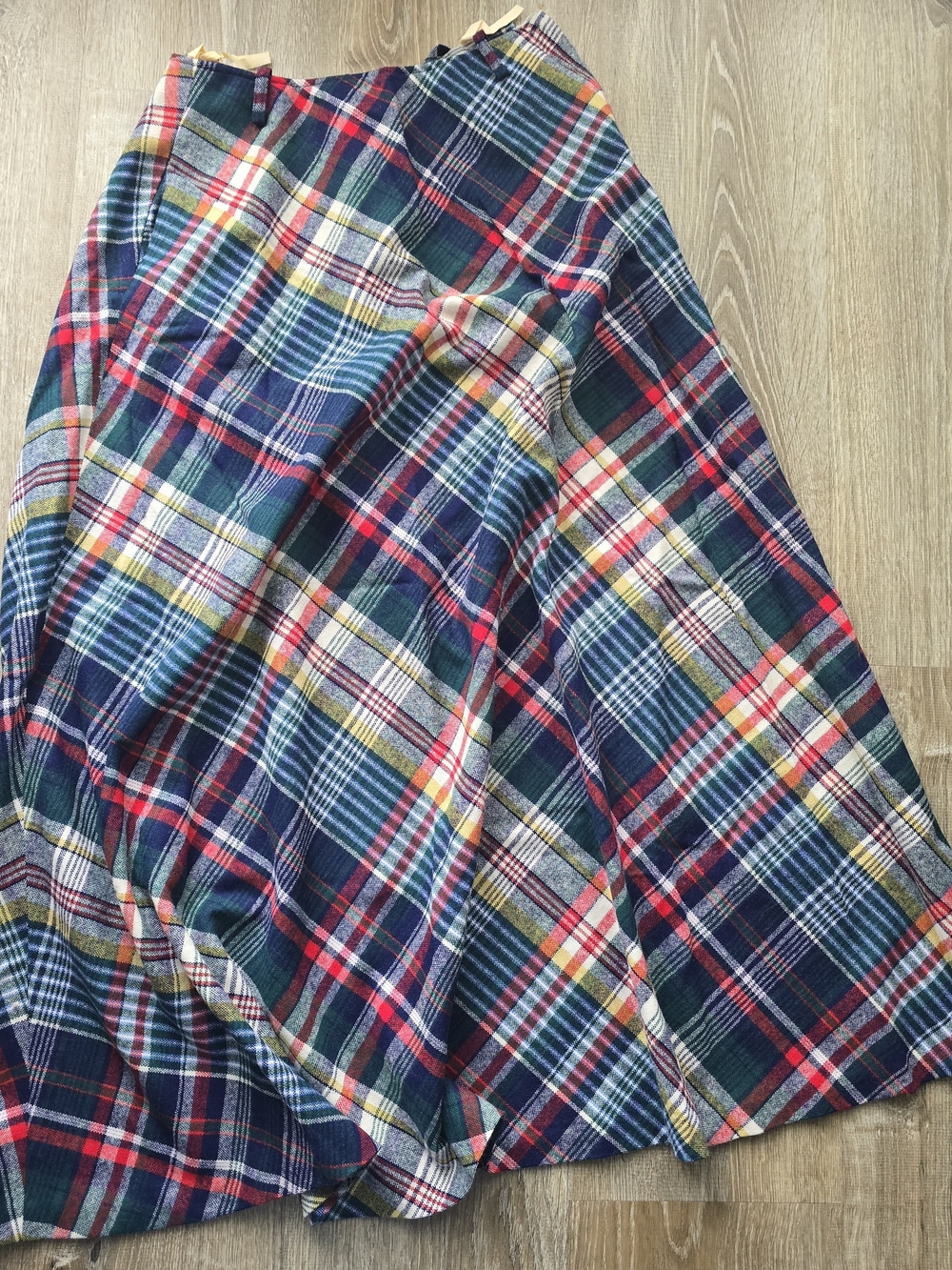 Vintage Plaid A-Line Midi Skirt in Navy, Red & Green Tartan